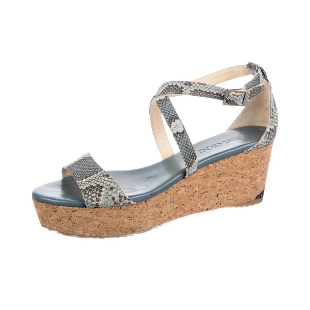 Jimmy Choo Blue Snake-Print Cork Wedge Sandals SZ 41 US 10.5